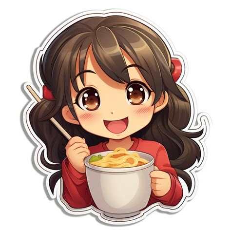 Premium Ai Image Sticker Of Cute Kawaii Girl Eating Ramen