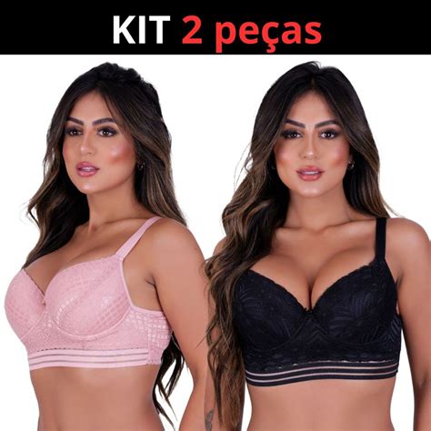 KIT Lingerie 2 Sutiãs Plus Size Sustentação Alça Reforçada Bojo Renda e Microfibra Shopee Brasil