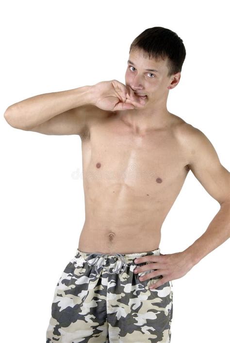 Smiling Athletic Naked Torso Guy Biting Hand Stock Photo Image Of