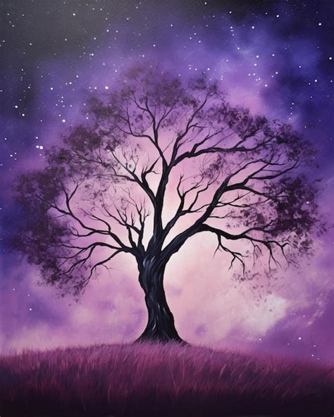 Una Pintura De Un Rbol Con El Cielo Morado Y Las Estrellas Al Fondo