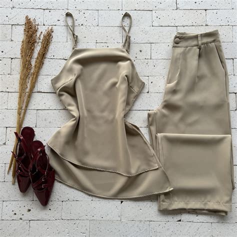 CONJUNTO ALFAIATARIA REGATA ASSIMÉTRICA E CALÇA PANTALONA NUDE Dondoca Moda Feminina