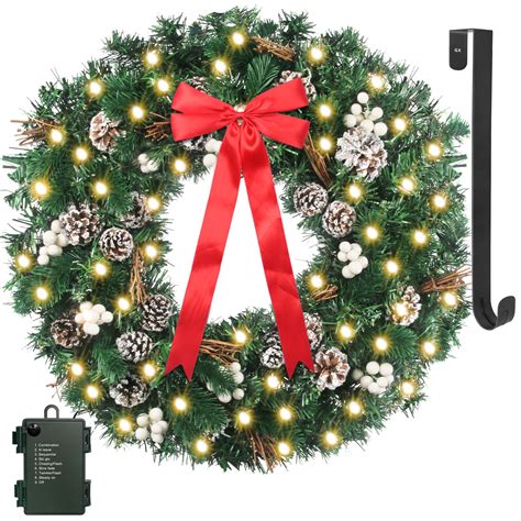 Prelit 24inch Christmas Wreath Battery Operated 50 Warm White Lights ...