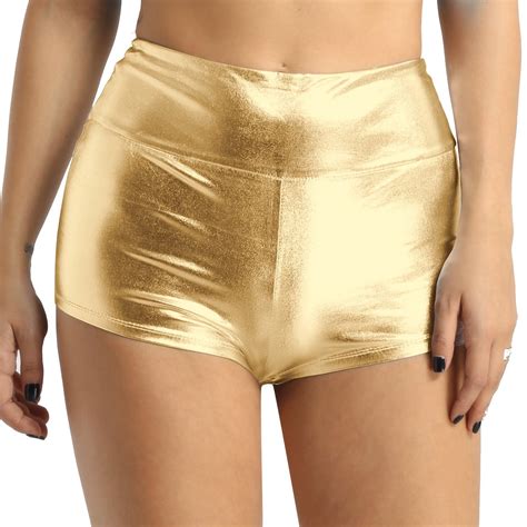 Alvivi Women S Shiny Metallic Liquid Booty Dance Shorts High Waisted Hot Pants Rave Bottoms Gold