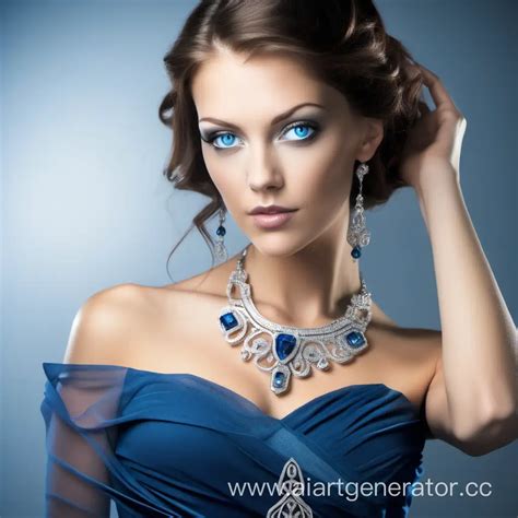Elegant Brunette In Stunning Blue Evening Dress With Silver Jewelry