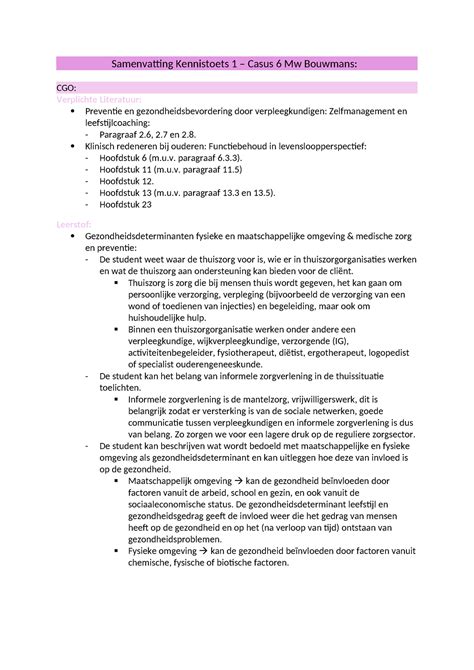 Samenvatting Kennistoets Casus Mw Bouwmans Samenvatting