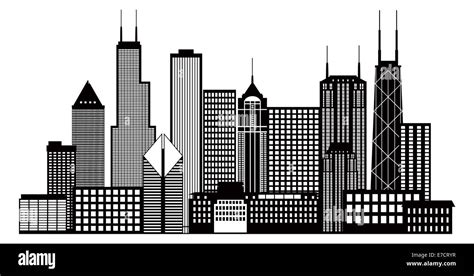 Chicago City Skyline Panorama Black Outline Silhouette Isolated On