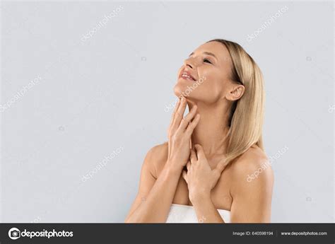Smiling Beautiful Half Naked Middle Aged Blonde Woman Covered White Stock Photo Milkos