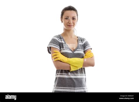 Woman Wearing Rubber Washing Up Gloves Stock Photo Alamy