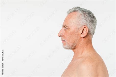 Sideview Closeup Portrait Of Caucasian Naked Shirtless Mature Elderly Senior Man With Grey Hair