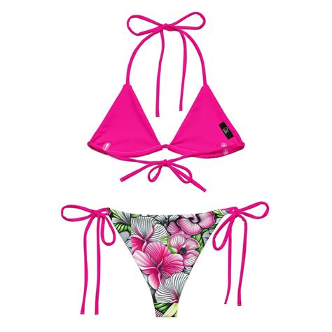 Tropical Hibiscus String Bikini Pink Green Hawaiian Island Tiki Floral Halter Triangle Slide Top