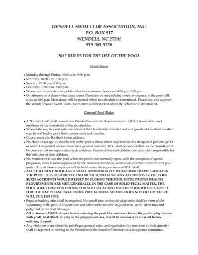 2012 Pool Rules Wendell Swim Club