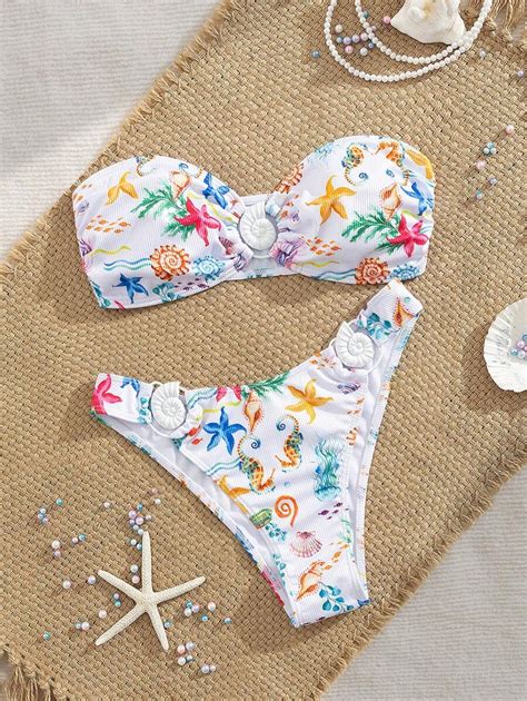 Swim Mod Conjunto de bikini de piezas Top tubo sin tirantes decoración con elementos marinos
