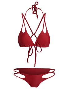 Solid Color Halter Lace Up Bikini Set Wine Red Bikinis Zaful