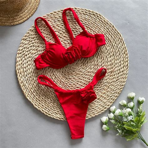 Womens Ruffled Red Bikini Set High Waisted Swimwear On Luulla