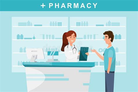 Pharmacy With Pharmacist And Client In Counter Stock Illustration