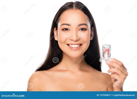 Naked Asian Woman With Tooth Model On White Stock Image Image Of Orthodontic Asian