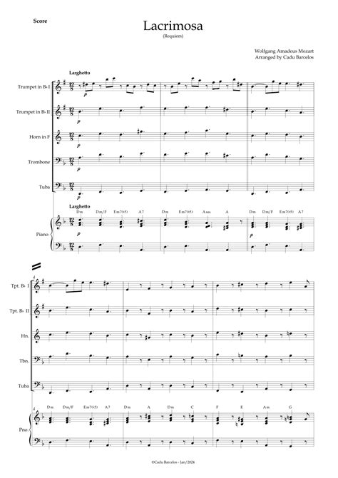 Lacrimosa Brass Quintet Piano And Chords Arr Cadu Barcelos Sheet