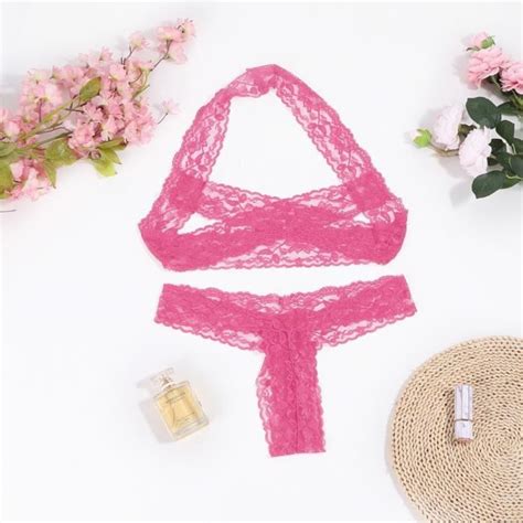 COORDONNES ENSEMBLE LINGERIE Ensemble de lingerie sexy en dentelle à bretelles croisées Rose