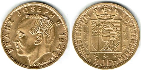 Liechtenstein Goldmünze 20 Franken 1946 Franz Josef II Erhaltung