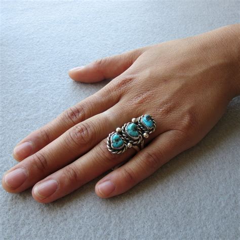 Silver Turquoise Ring Navajo Vintage 3 Stone Signed Me Etsy