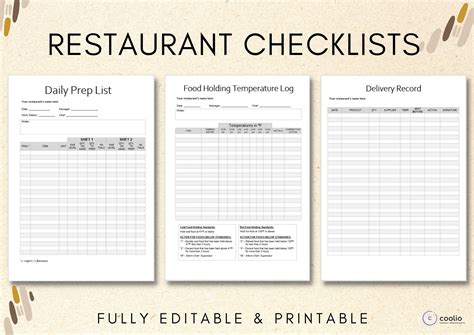 Restaurant & Bar Prep List, Prep Sheet, Temperature Monitoring ...