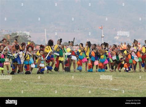 Row of young girls in traditional dress at Umhlanga reed dance festival ...