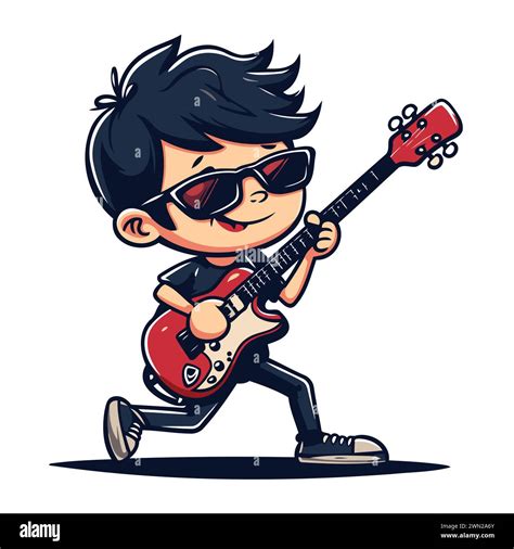 Cartoon Boy Playing The Electric Guitar Vector Illustration Isolated On White Background Stock