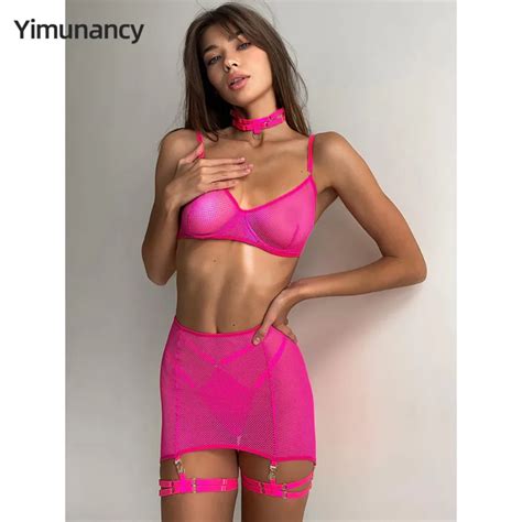 Yimunancy Mesh Lingerie Set Women 5 Piece Transparent Bra Panty Underwear Set Choker Garter Kit