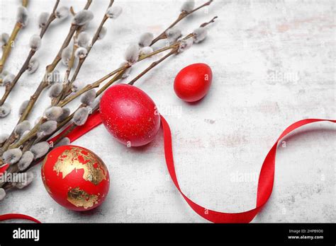 Painted Easter Eggs And Pussy Willow Branches On Light Background Stock