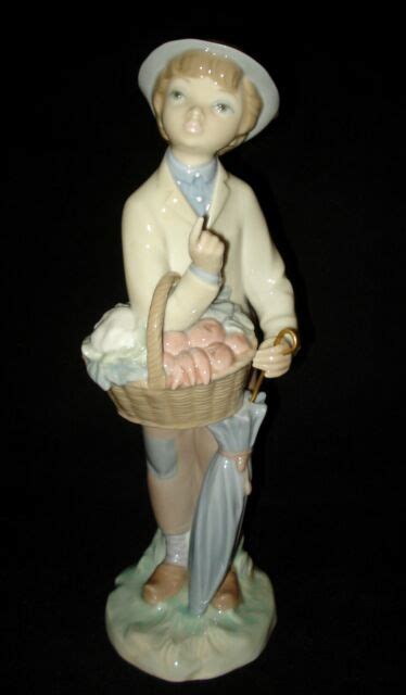 Lladro Little Gardener Boy With Basket And Umbrella Porcelain Figurine