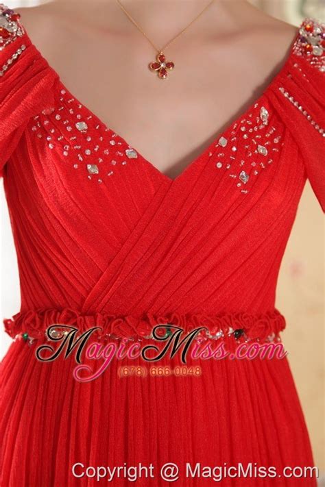 Red Empire V Neck Chapel Train Chiffon Beading Prom Dress Us15939