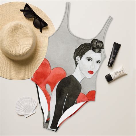 Woman And Red Monstera One Piece Swimsuit Ink Drawing Sexy Bikini Surf Swimming Etsy