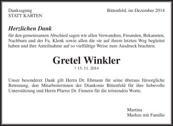 Traueranzeigen Von Gretel Winkler Zvw Trauer