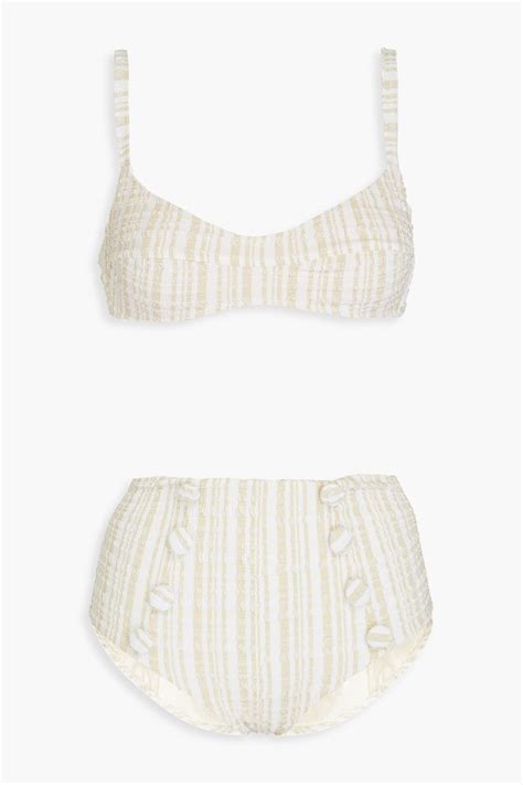 LISA MARIE FERNANDEZ Button Embellished Striped Seersucker Bikini THE OUTNET