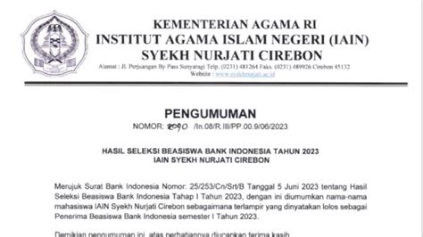 Pengumuman Hasil Seleksi Beasiswa Bank Indonesia Tahun 2023 UIN Siber