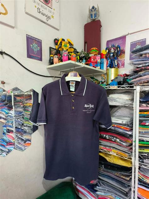 Kaos Polo Hard Rock Biru Dongker Small Logo Fesyen Pria Pakaian