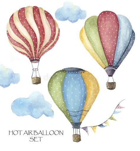 Watercolor Hot Air Balloon Set Hand Drawn Vintage Air Balloons With