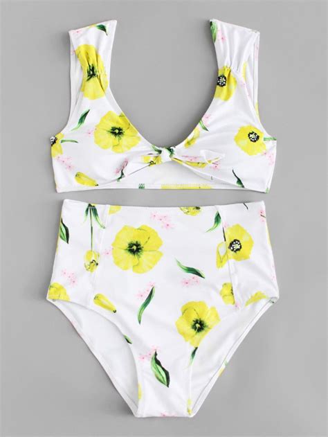 Shop Flower Print Knot Bikini Set Online Shein Offers Flower Print