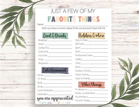 Favorites Survey Printable Questionnaire My Favorite Etsy