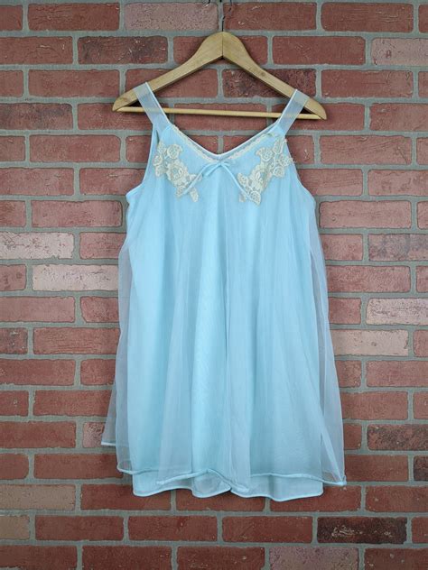 Vintage 70s 80s Lingerie Babydoll Dress Blue White Lace Etsy