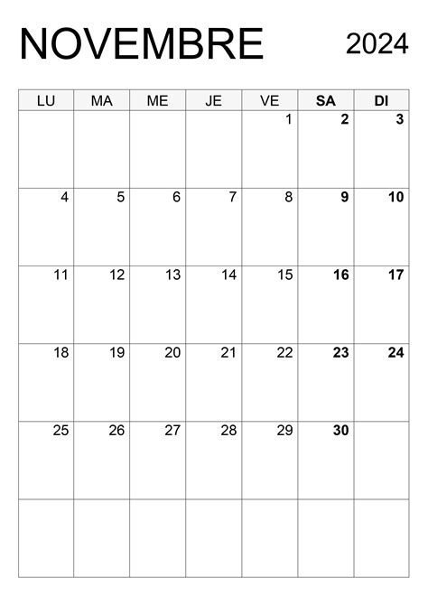 Calendrier Novembre 2024 Calendrier Su