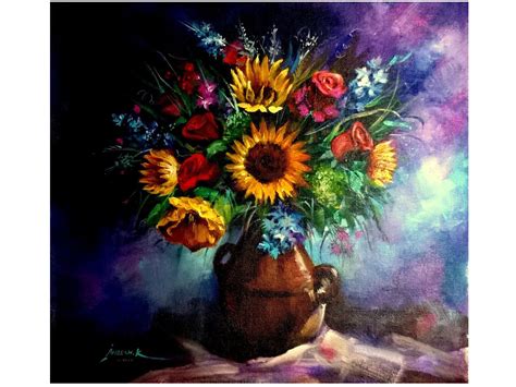 Flower Pot Acrylic On Canvas Painting By Aneesh Bandadka Exotic