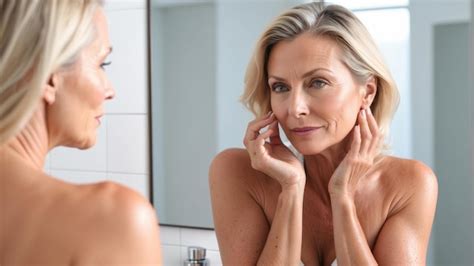Old Blonde Woman Standing In Bathroom After Shower Touching Face Looking At Reflection In Mirror