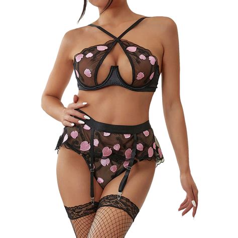 Plus Size Lingerie Embroidery See Through Binding Hollow Three