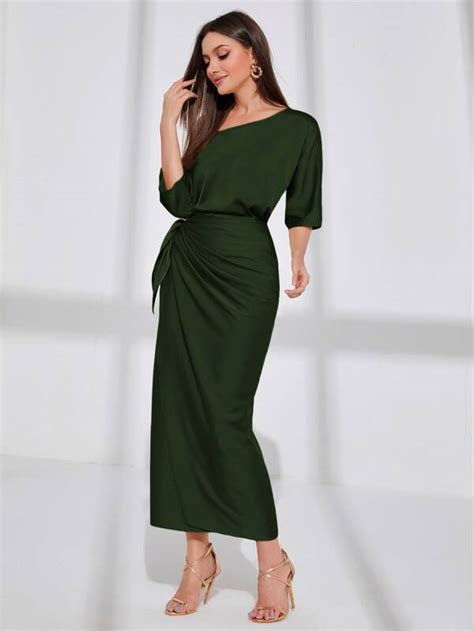 SHEIN Modely Asymmetrical Neck Batwing Sleeve Wrap Hem Satin Dress