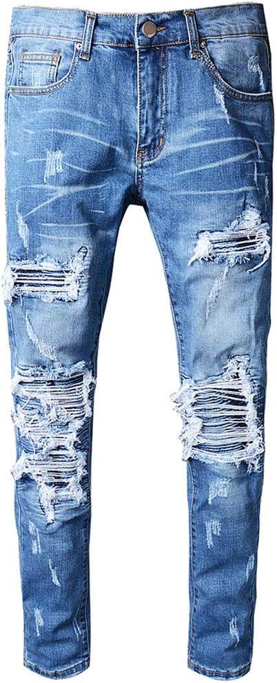 Jeans Hommes Bleu Plissé Patchwork Trou Déchiré Jeans De Motard Pour