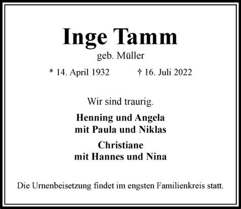 Traueranzeigen Von Inge Tamm Hamburgertrauer De