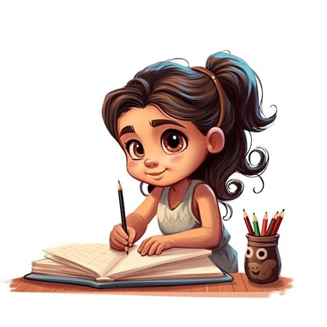 Ilustración 3d de una linda niña latina de 4 años escribiendo estilo de dibujos animados