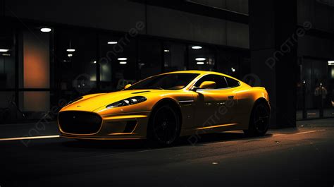 Yellow Sports Car Parked On A City Street Background Real Car Picture