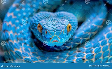 Blue Viper Snake Staring With Scaly Skin And Open Mouth Stock
